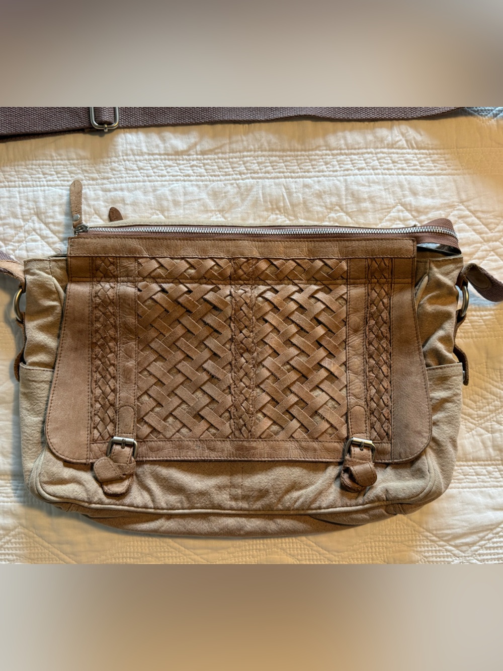 Sundance Woven Front Crossbody messenger Bag in Brown and Tan